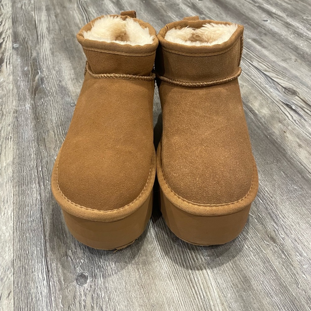 Cozy Tan Suede Platform Booties - UGG Knockoff